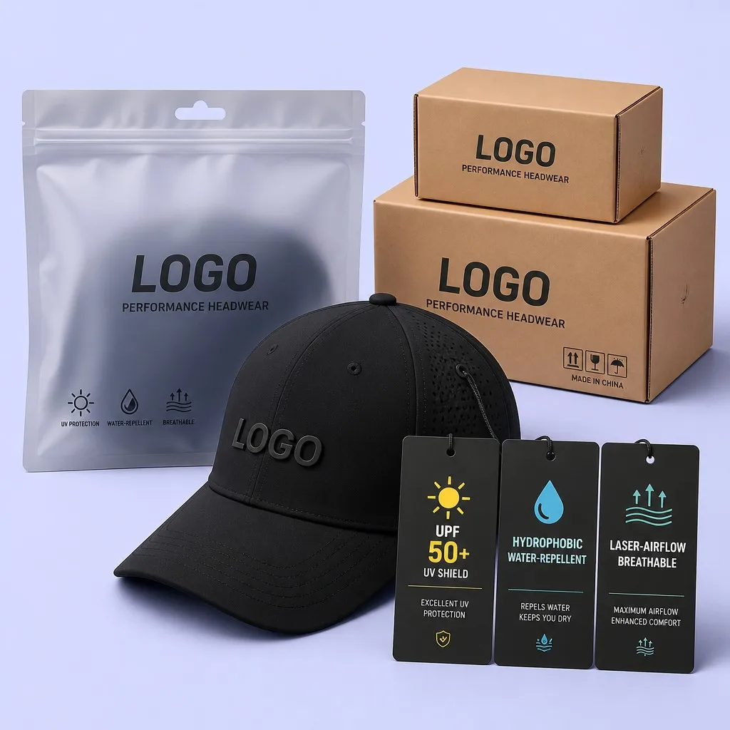 Performance Cap with 3 Technical Hang Tags, Frosted Matte Zipper Pouch, and 2 Kraft Mailer Boxes