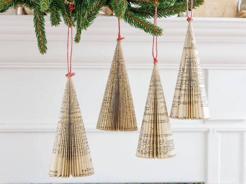 Handmade Christmas tree ornaments from recycled book pages