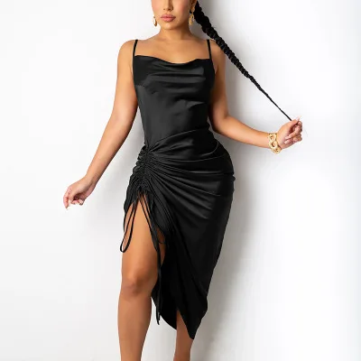 

Ruched Satin Summer Dress Drawstring Spaghetti Straps Cowl Neck Backless Long Dresses for Women Party Sexy Vestidos 2021