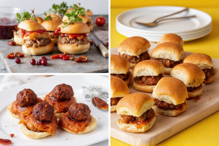 Variety of meatball appetizers including classic grape jelly version, spicy version with red peppers, and mini sliders on a wooden serving board