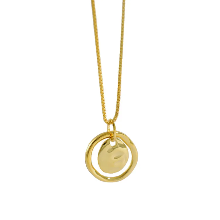 

925 sterling silver 18k gold plated handmade thick box chain hammered double circular pendant necklace