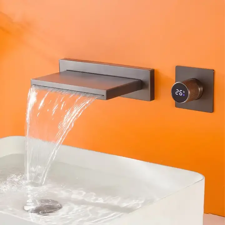 

Gun grey basin mixer faucet with temperature digital display waterfall bathroom sink faucet