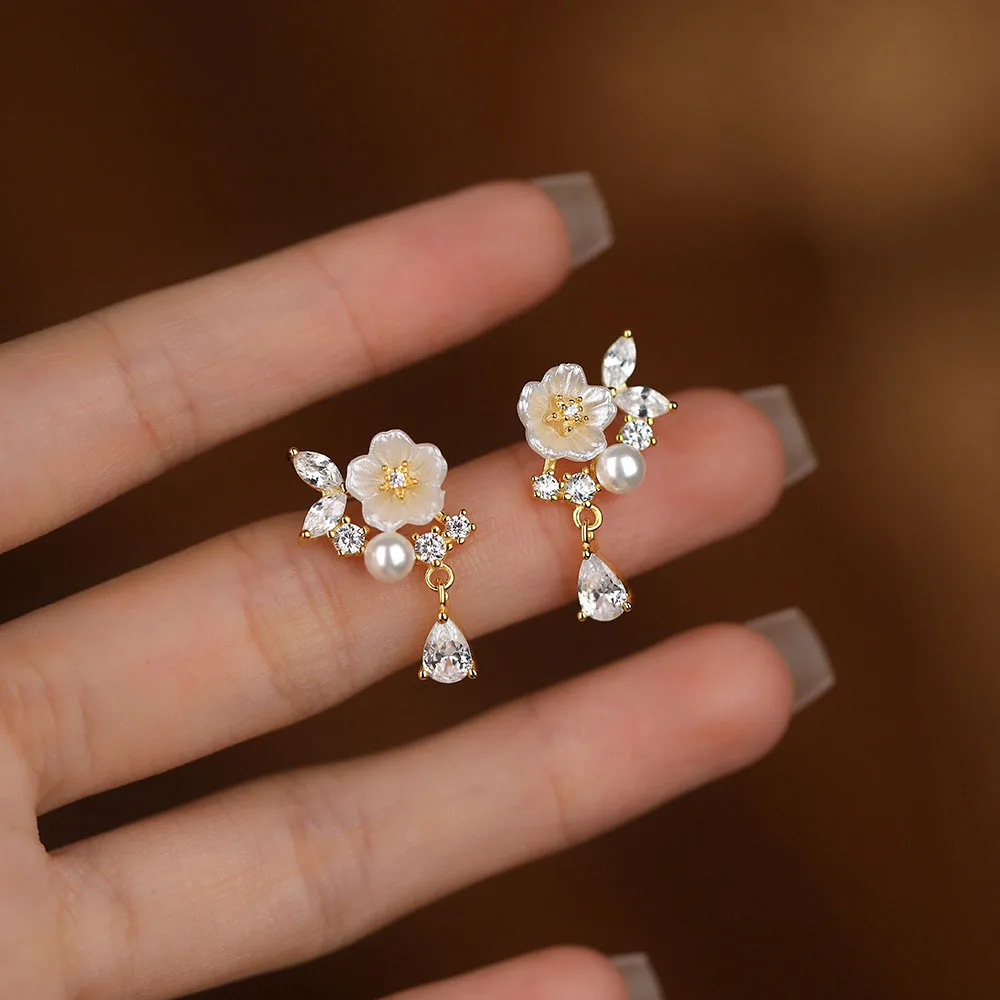 S925 Sterling Silver Zirconia Camellia Flower Stud Earrings for Women Jewelry Accessories YB-XY-412