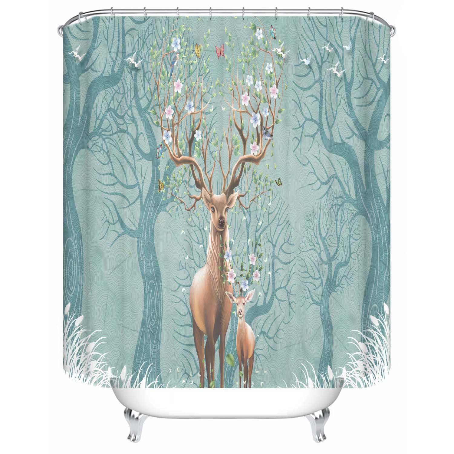 

Bathroom shower curtain partition bathtub waterproof shower curtain forest flowers elk custom printed shower curtain, Picture