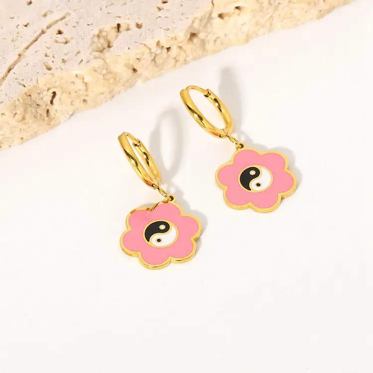 

Ins hot selling two tone stainless steel gold plated gossip Tai Chi charm pendent enamel flower yin yang drop earrings for women