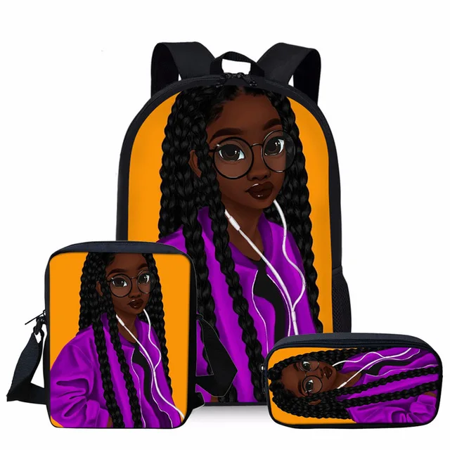 

Black Art African American Girl Afro Girls Backpack 16 inch Bookbag Pencil Case For Elementary Students Kids School Bags Set, Customized your own school backpack