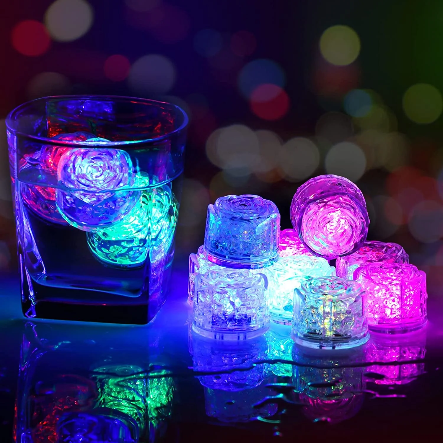 

Light Up Ice Cubes 12 Pack Rose Led Ice Cubes for Drinks Multi Color Reusable Glowing Flashing Ice Cube for Club Bar