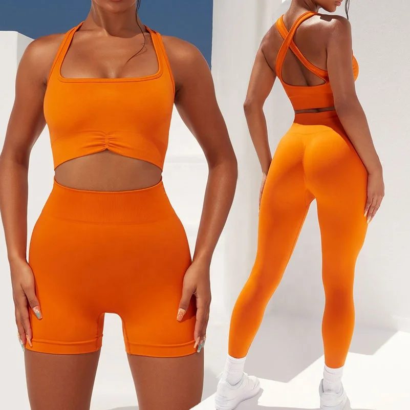 

New Hot Selling 5 Pieces Women Sexy Orange Yoga Suit Sport Active Wear Set Seamless Scrunch Butt Lifer Gym Fitness Yoga Set, Different color available