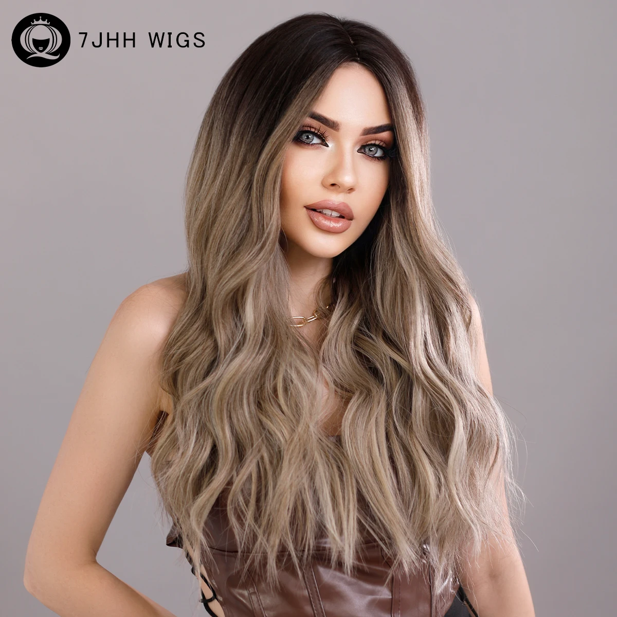 

Highlights Brown Wavy Wig Gray with Light Blonde Middle Part Synthetic Heat Resistant Wig for Women Curly Hair Wig 22 Inches