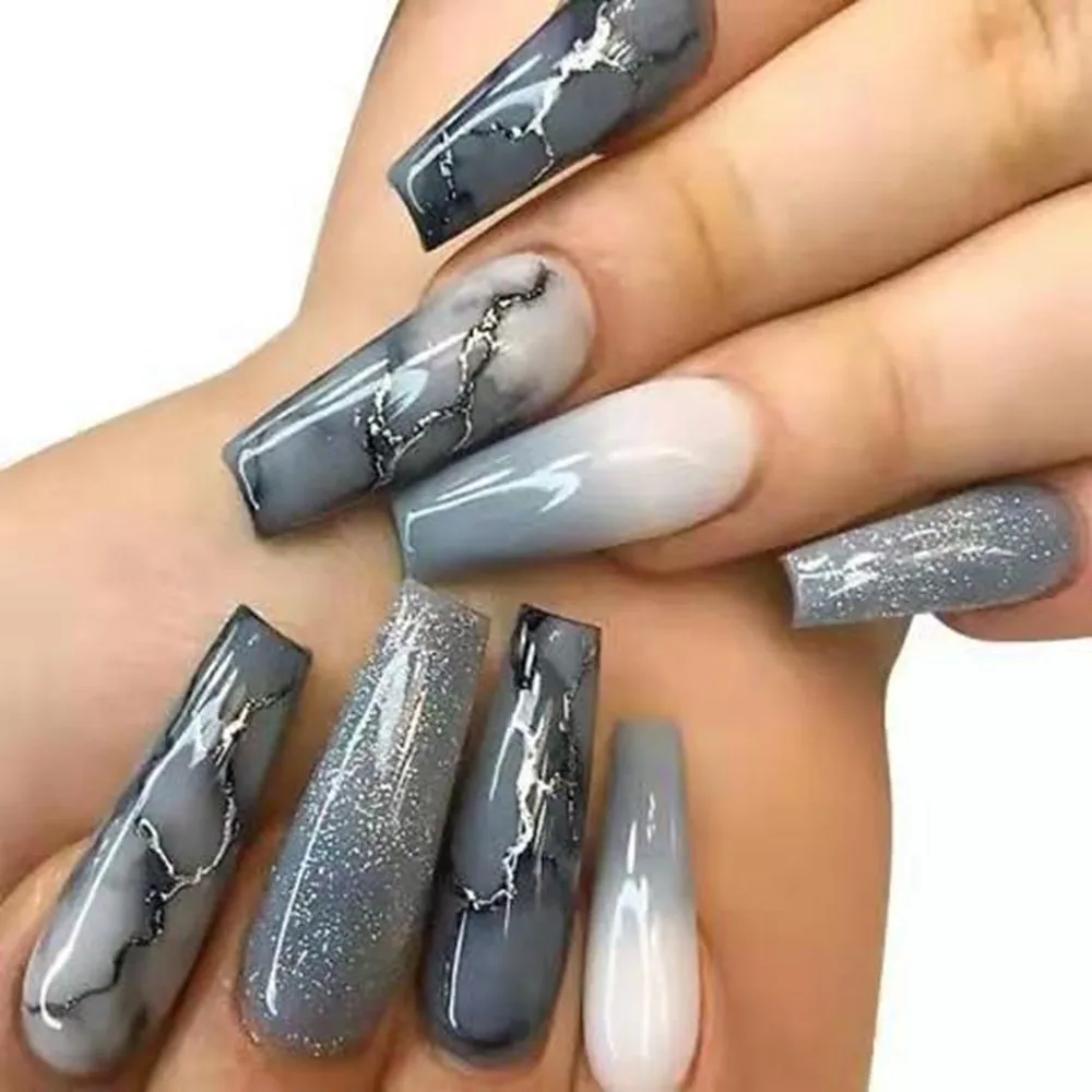 

Missbloom Luxury Designer Artificial Nails Tips Bright Gradient Gray Ballerina Private Label Press On Nails, Colorful