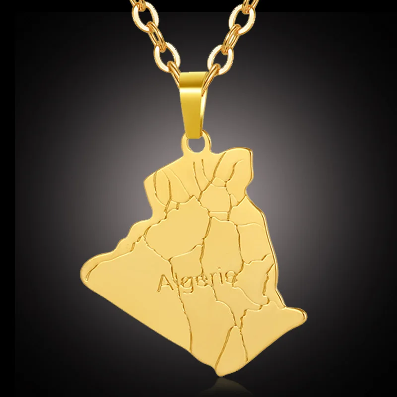 

Middle East Arabia Algeria 18K Golden Stainless Steel Necklace Gold Plated Map Pendant Algeria Map Necklace, Picture