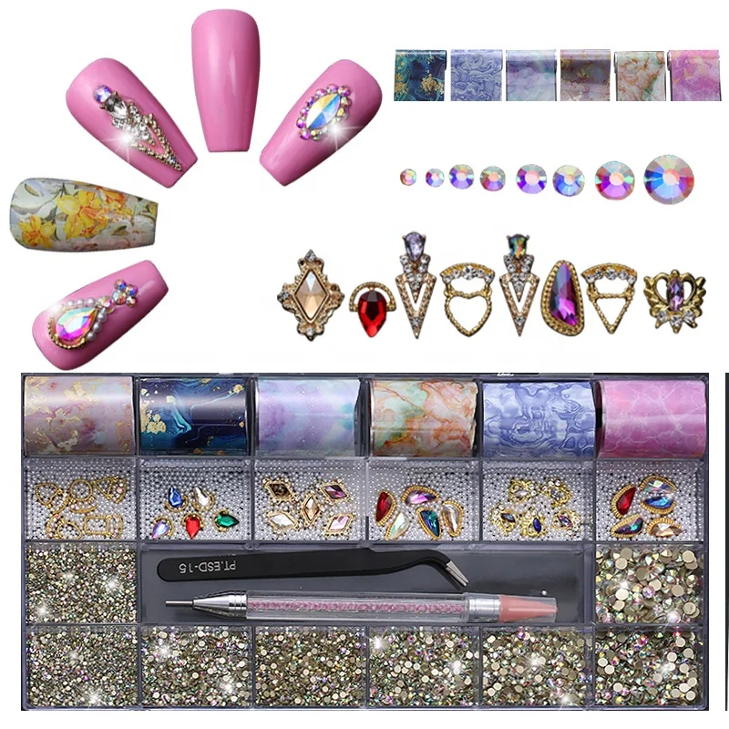 

New Design Nail Art Rhinestone Sticker Transfer Foil Decals Diamond Rhinestone Box Jewelry Set Bow 3D Metal DIY Nail Art, Golden