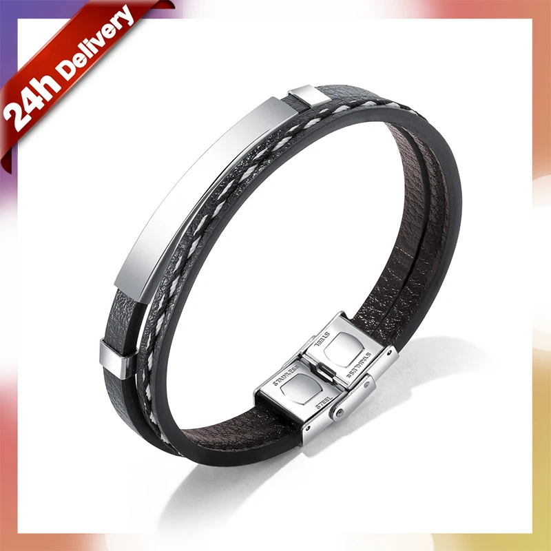 

Dylam Multilayer Punk Men 18K Gold Bracelets Braided Black Leather Stainless Steel Bangle Magnet Clasp Leather Magnetic Bracelet