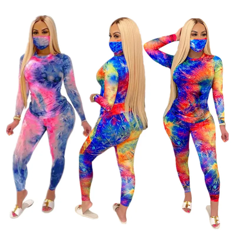 

Multicolor Casual Tie Dye Long Sleeve Pants Set Women O-Neck Tops Jogger Pants 2 Piece Sets With Face Guard, 6 colors