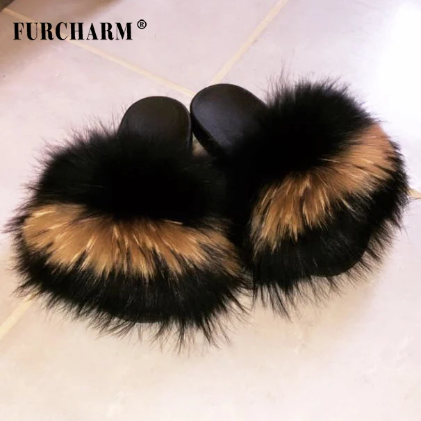 

Wholesale New Design Women Luxury Fur Slides With Real Fox Fur PVC Plastic Plush Fox Fur Slide Slipper, White/ black/ dark green /red wine / light gray /raccoon color