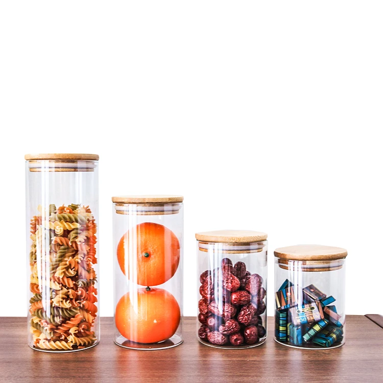 

Wholesale Transparent Clear Borosilicate Glass Food Storage Jar Set with Bamboo Lid
