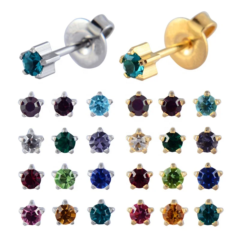 

24K Gold Plating&Silver Mix Birthstone Zircon Ear Stud Earrings Studs Claw Setting Cubic Zircon Ear Tragus Cartilage Sterilized