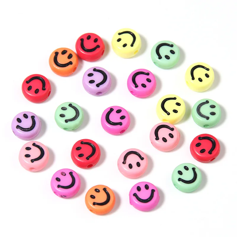 

100pcs/bag Acrylic Flat Round Smiley Beads Colorful Cartoon Smiley Loose Beads DIY Bracelet Necklace Beads