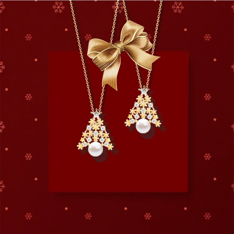 

Korean Style Gold Silver Diamond Pearl Christmas Tree Pendant Necklace Gold Color Crystal Christmas Tree Pearl Pendant Necklace