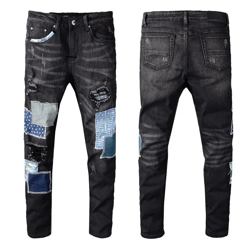

New Italy Style #603# Men's Distressed Destroyed Pants Holes Patches Art Moto Skinny Washed Black Jeans Slim Trousers Size 28-40