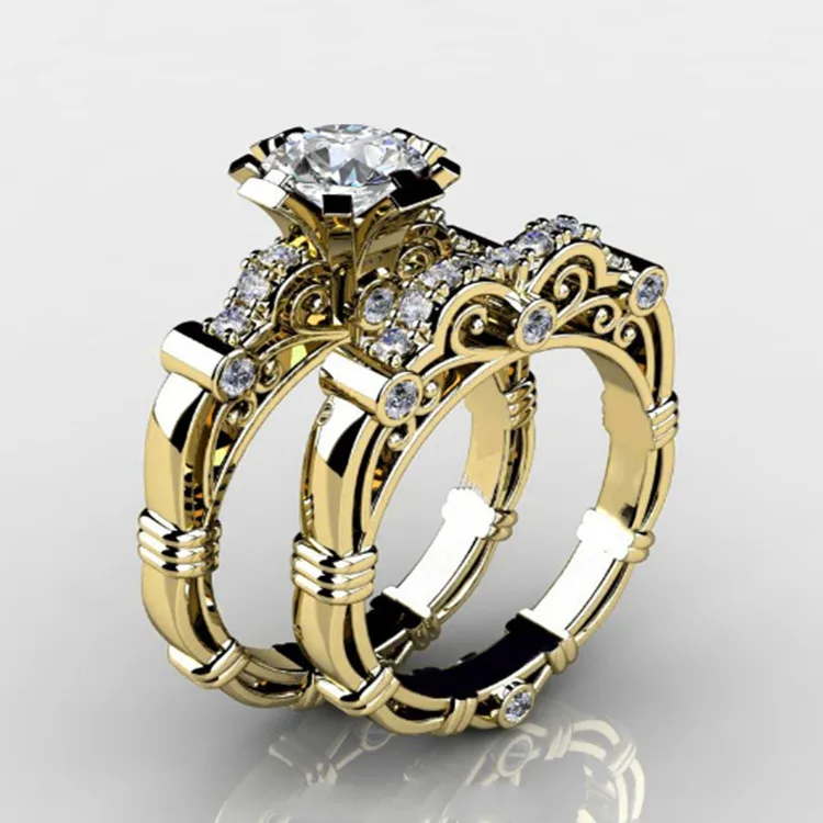 

New fashion plated shiny diamond jewelry gold wedding rings set for men and women