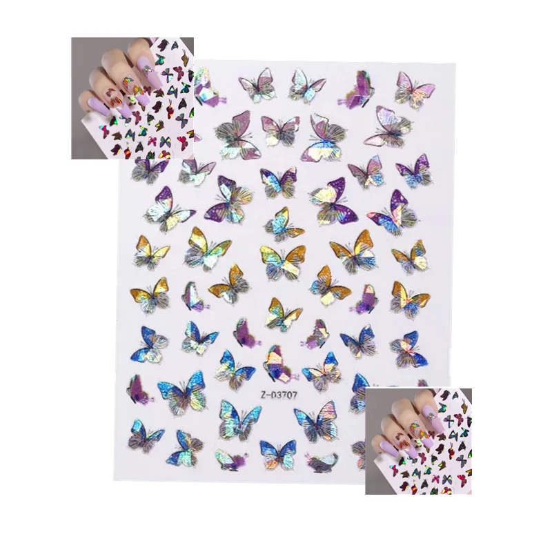 

2021 new fashion wholesale supplies adhesive 3D butterfly nail decal holographic nail stickers