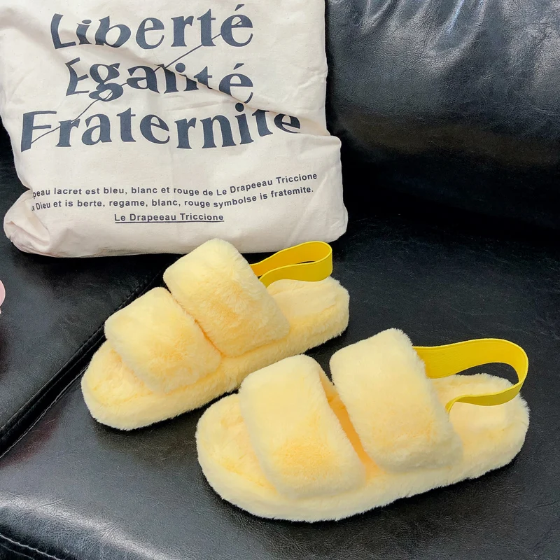 

Indoor Plush Slippers Women'S Shoes Female Flat Word With Fur Slippers Fashion Thick Furry Slippers Slides