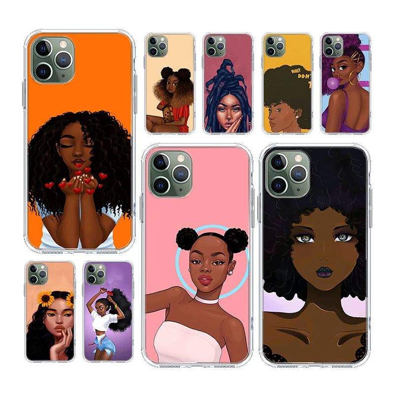 

Fashion Black African Girl UV Print Transparent TPU Phone Case for iPhone 12 XR 11 SE2 Mobile Phone Bags Cases