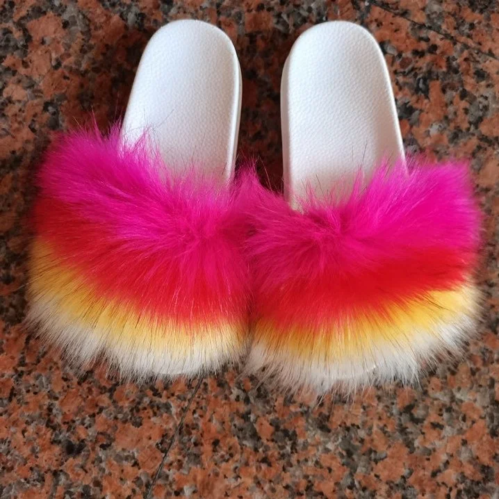 

Round Open Toe Daily Fluffy Fur Soft Women Sandals Simple Flat Slides Shoes For Ladies Plus Size 43, Black,white