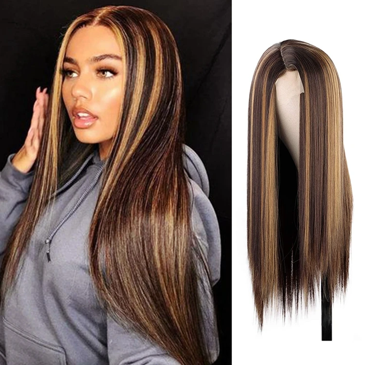 

Aisi Hot Sale Cheap Long Ombre Straight Front Lace Brown Mixed Blonde Wig For Black Women Full Fiber Wigs Synthetic Hair Wigs
