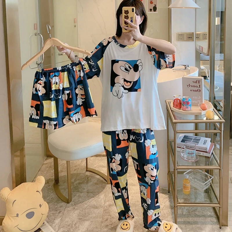 

Women's Korean-style pajamas cute loungewear thin spring short and long shorts three-piece set short sleeve pajamas
