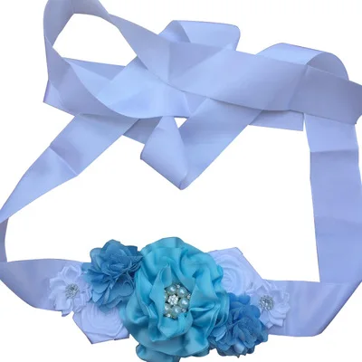 

New Design Satin Tulle Flowers Width Of Tape Fabric Belt Women Bridal Sash For Women Dress, Blue purple