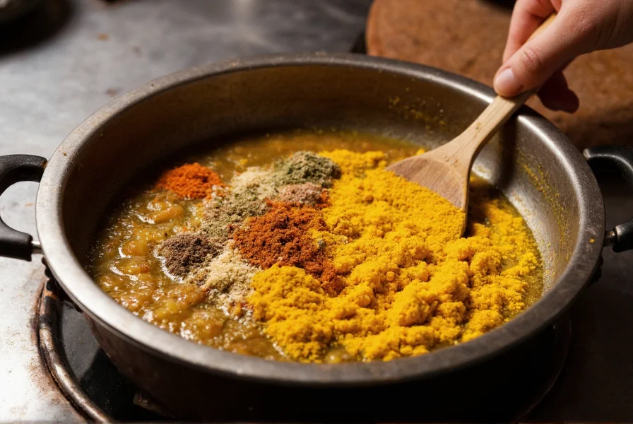 Traditional Indian cooking pot with turmeric, cumin, and other spices being prepared