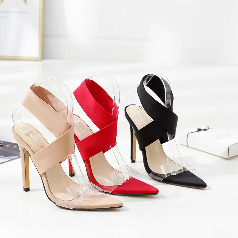 

101865 Wholesale Hot Selling Sexy Pointed Open Toe PVC Thin Heel Cross Strap High Heels Women, Black red apricot