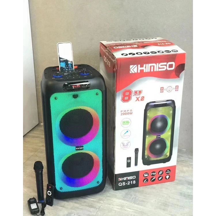 

QS-218 New Speakers KIMISO Double 8inch Horn Big Rechargeable Speaker With Wireless Microphone