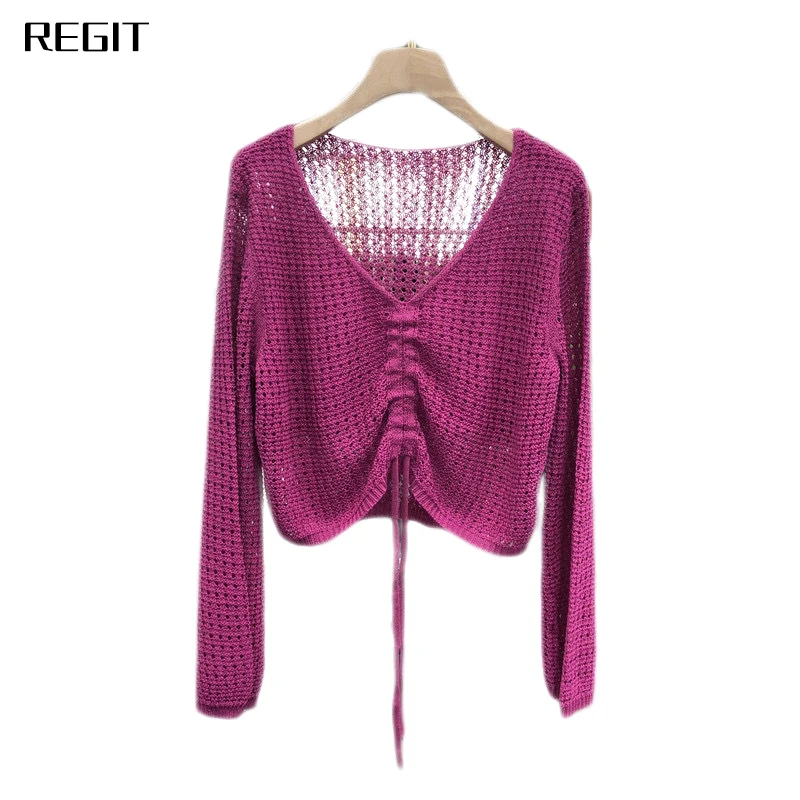 

women sweater V-neck Hollow drawstring long-sleeved sunscreen clothing women 2021 summer new slim slimming tops