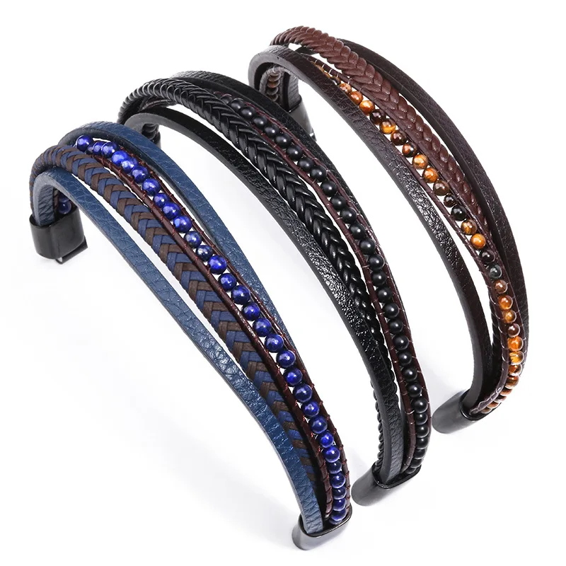 

2020 INS New Hot Selling Natural Volcanic Stone Stainless Steel Leather Bracelet For men, Multi color