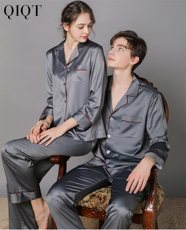 

High Quality Spring Autumn Silk Couple Pajamas Long Sleeve Large Size Sleepwear Lounge Set Women Plus Size Sleepwear