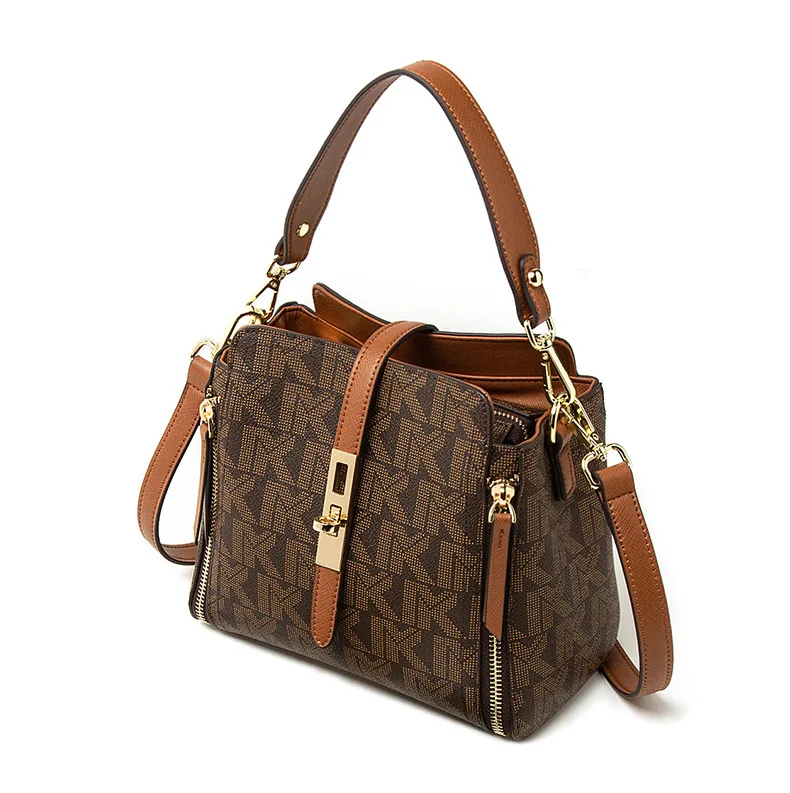 

2021 New Luxury Mk Handbags Fashion Presbyopic Leather Portable PVC Bucket Bag Shoulder Messenger Small Bag, Light, brown