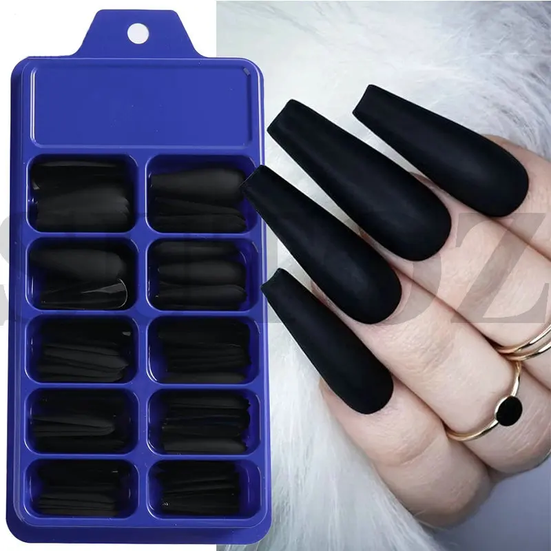 

Easy to Apply Long Matte Blue Black Fake Nails Nail Art With Custom Box Press on Nails