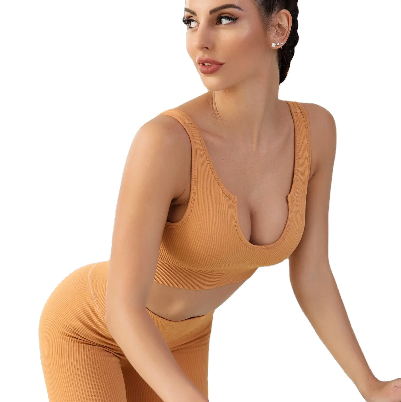 

Four-Way Stretch Workout Outfits for Women 2 Piece Ribbed Seamless Crop Tank High Waist Yoga Leggings Sets Free Custom Design