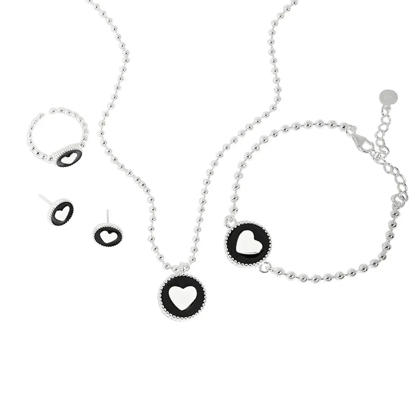 WuQie Black Epoxy Women Jewelry Sets 925 Silver Enamel Heart Ring Bracelet Earrings Necklace Jewelry  Set