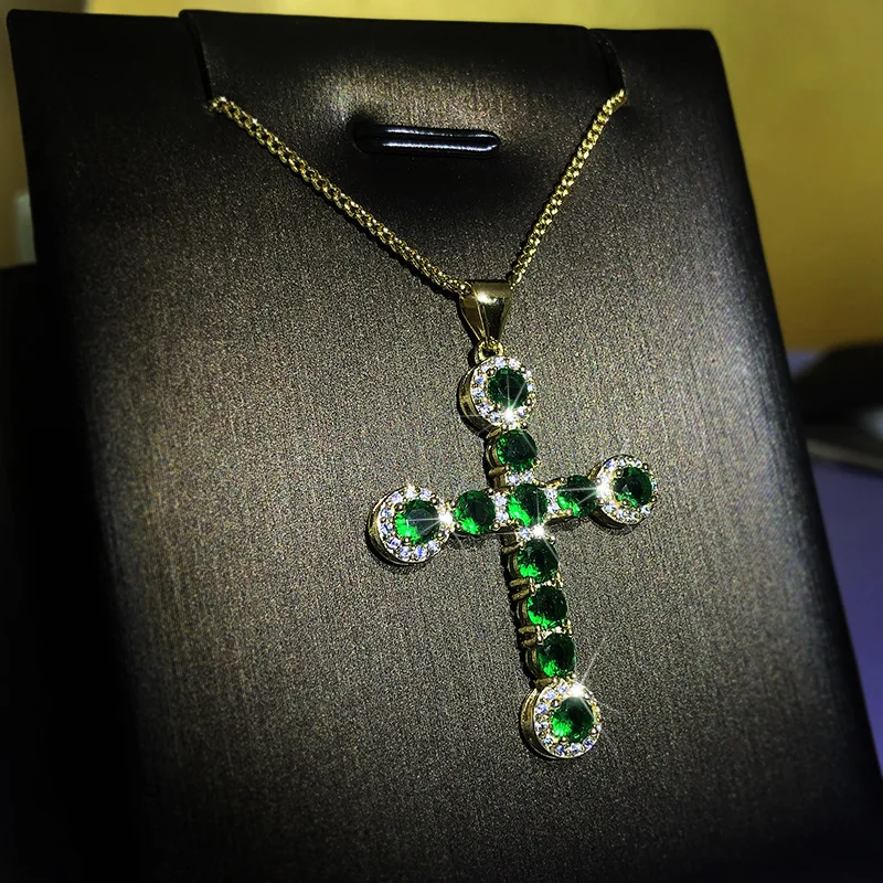 

Luxury Brass 18k Gold Plated Micro Pave CZ Emerald Cross Necklace Green Crystal Cross Pendant Necklace for women
