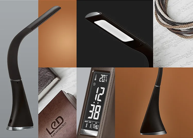 HoneyFly Leather Touch Control LED Table Lamp with Led Display Alarm Clock and Calendar Creative Foldable Desk Lamp