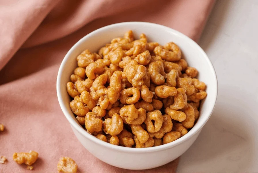 Close-up of homemade cinnamon crunch topping showing golden brown crispy clusters with visible cinnamon swirls on white ceramic spoon