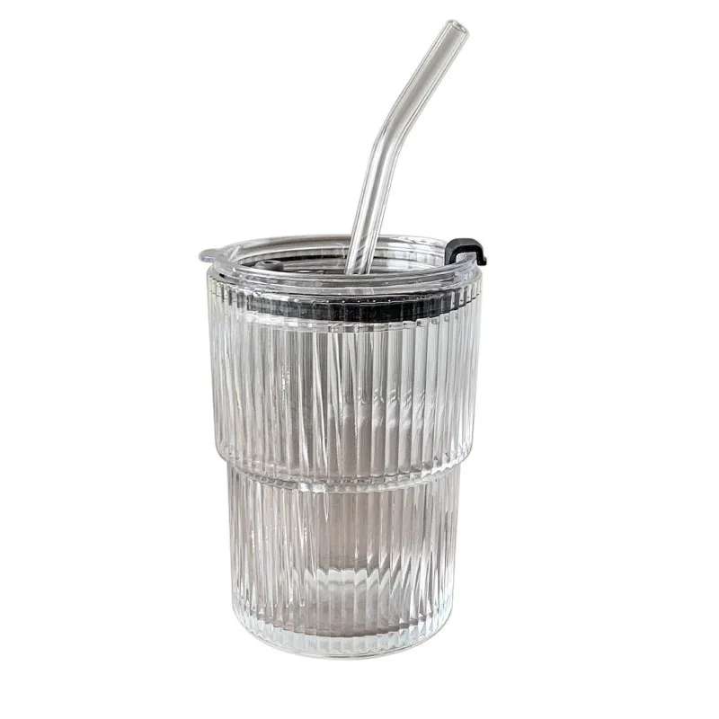 

Vertical pattern cup household high appearance level drinking straw cup girl milk tea coffee cup transparent glass