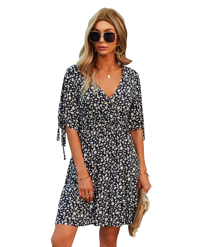 

Flower dress summer new V-neck sexy short sleeve A-line skirt