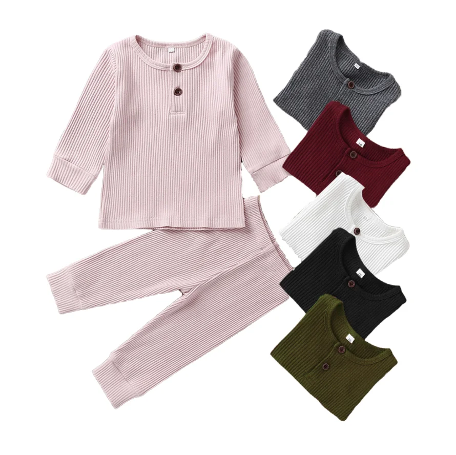 

Children 2 pcs toddler baby set clothes kids pajamas autumn winter plain infant organic cotton Ribbed pajamas, As picture