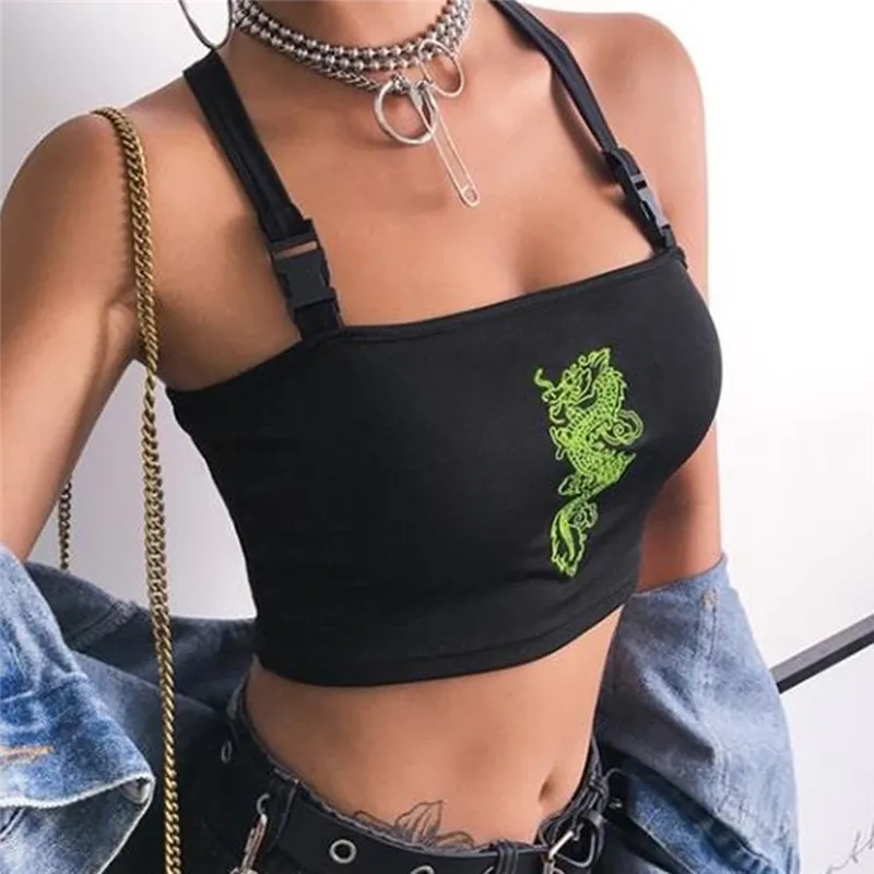 

Fashion Women Sexy Hot Summer Buckle Vest Boob Tube Crop Top Bralet Sheer Dragon Embroidery Stylish Cami Tank Top, Black,white,red