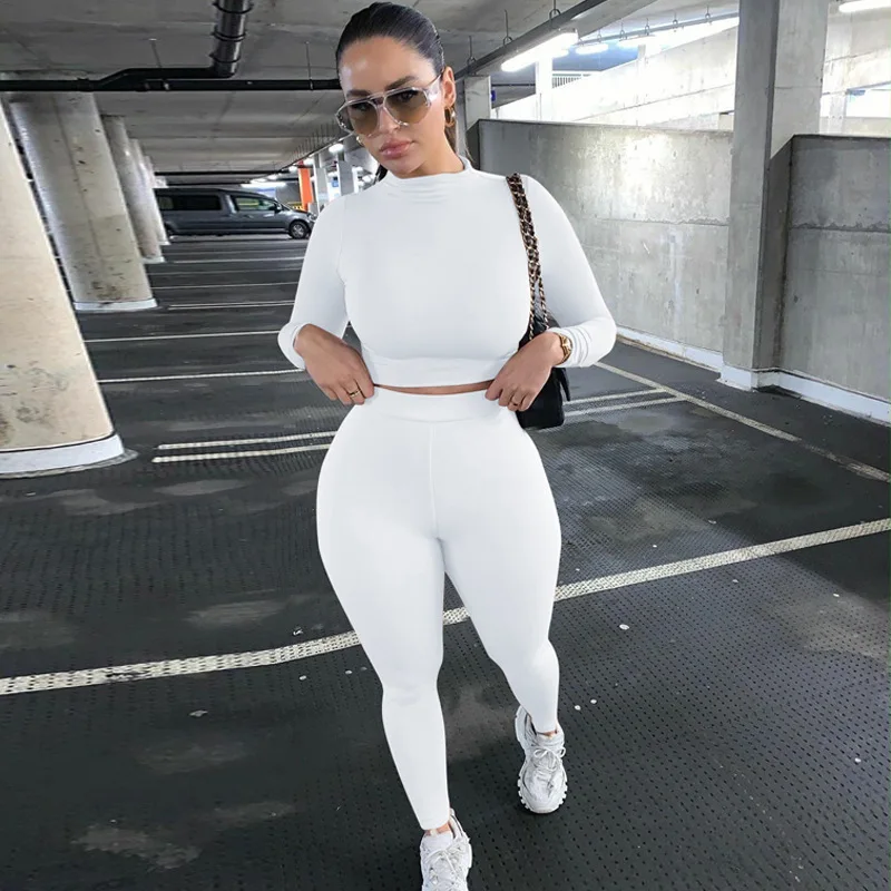 

Summer Tracksuit Women Turtleneck Long Sleeve Crop Top Leggings Matching Set Stretchy Sport Fitness Workout 2 Piece Pants Set